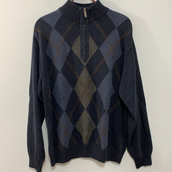 Alex Cannon 1/4 Zip Black Blue Tan Diamond Argyle Knit Pullover Cotton Sweater M - Picture 1 of 17